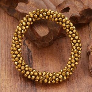 Metallic Gold Faceted Glass Bead Twisted Rope Sparkling Thick Bangle Bracelet